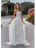 Square Neck Ivory Embroidered Lace Tulle Floral Wedding Dress